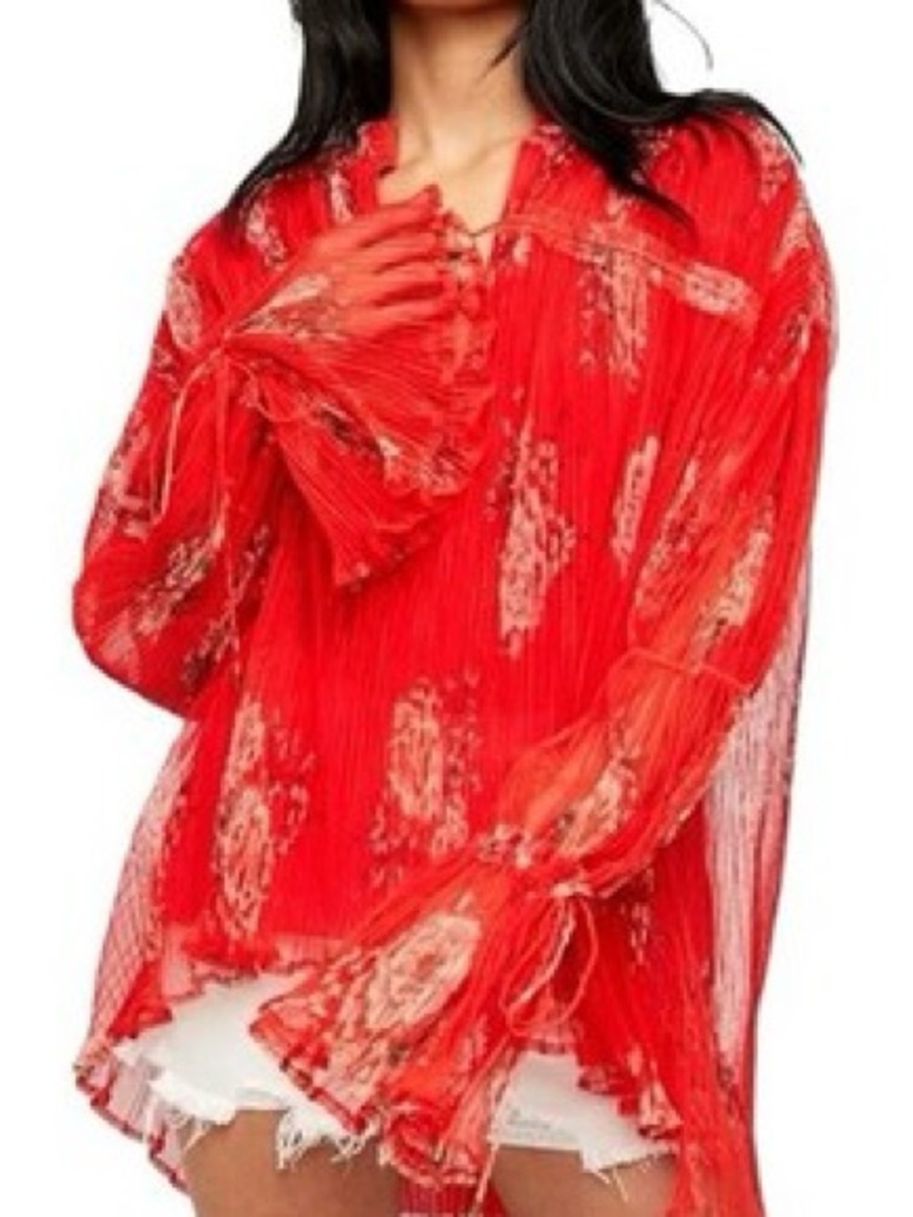 Free People Floral Long Bell Sleeve Size Small Front Tie Red